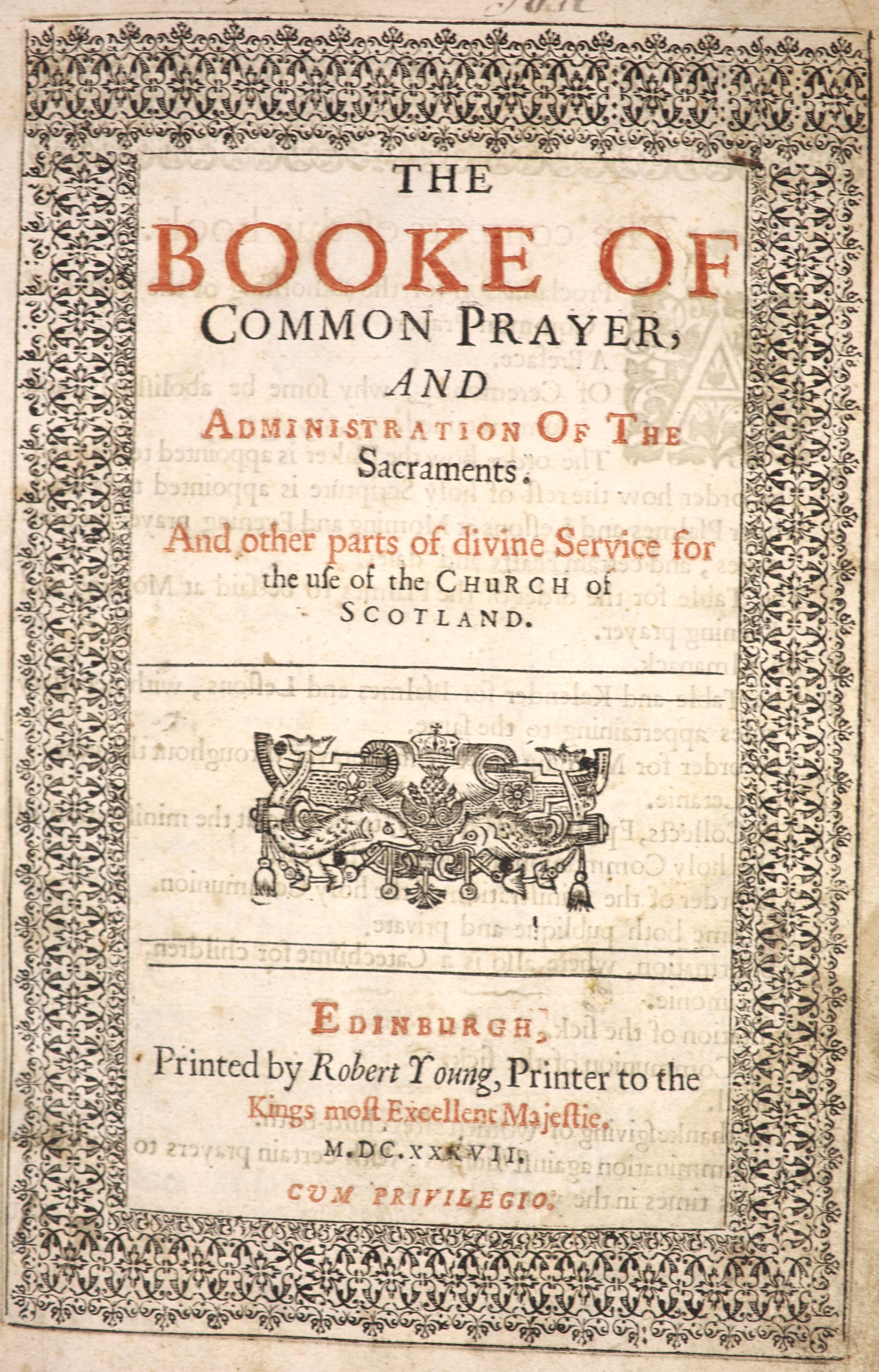 The Booke of Common Prayer ... for Use of the Church of Scotland. title (within an elaborate decorated border) printed in red and black with engraved device, head and tailpiece decorations